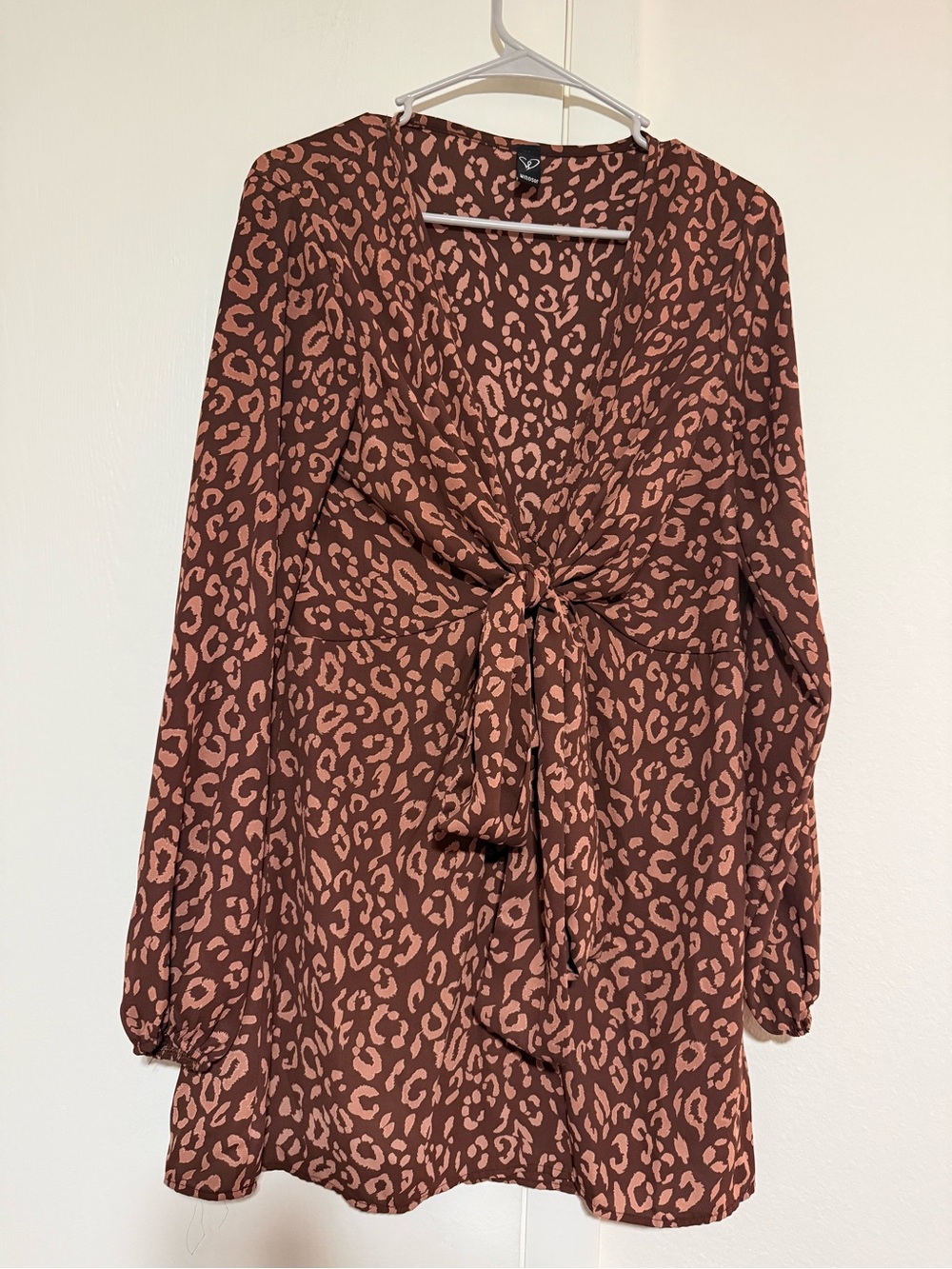 Windsor Rust and Pink Leopard Tie-Front Long Sleeve Mini Dress